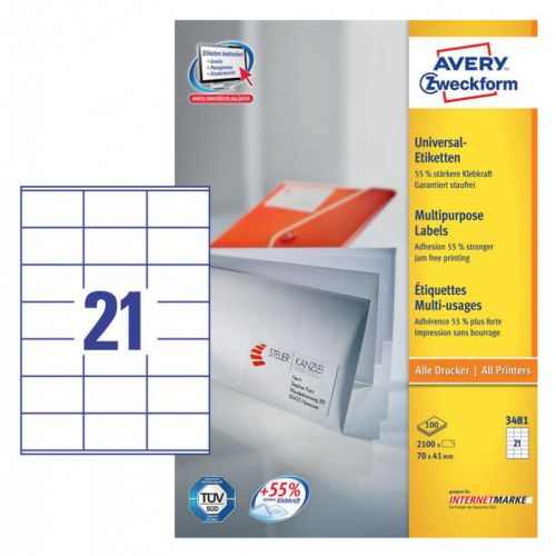 Этикетки Avery Zweckform 3481 A4 70x41мм 21шт на листе/70г/м2/100л./белый матовое самоклей. универсальная (3481)