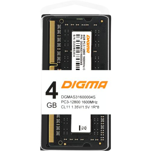 ������ DDR3 4GB 1600MHz Digma DGMAS31600004S RTL PC3-12800 CL11 SO-DIMM 204-pin 1.35� single rank Ret (DGMAS31600004S)
