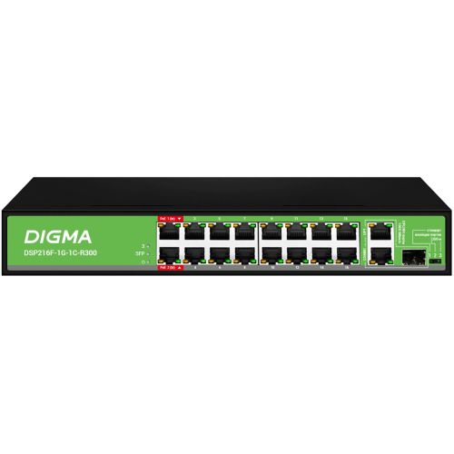 Digma DSP216F-1G-1C-R300 (L2) 16x100/ 1x1/ 1x(1000BASE-T/SFP) 16PoE 16PoE+ 2PoE++ 300W  (DSP216F-1G-1C-R300)