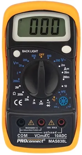 Мультиметр PROconnect MAS838L DT858L цифровой черный/желтый (13-3022) (13-3022) Мультиметр PROconnect MAS838L DT858L цифровой черный/желтый (13-3022) (13-3022)