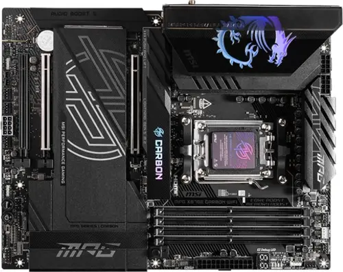 ����������� ����� MSI MPG X870E CARBON WIFI Socket AM5 AMD X870E 4xDDR5 ATX AC`97 8ch(7.1) 5Gigabit + 2.5Gigabit Ethernet RAID+HDMI (MPG X870E CARBON WIFI)
