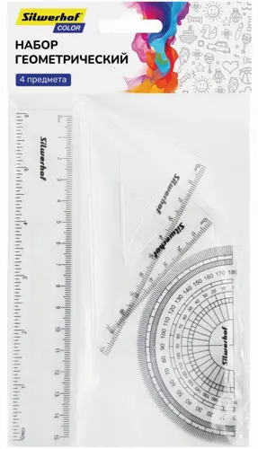 Набор линеек Silwerhof Color пластик прозрачный компл.:лин.15см/угольн.30х11см/угольн.45х8см/трансп.180 (упаковка 24 шт.) Набор линеек Silwerhof Color пластик прозрачный компл.:лин.15см/угольн.30х11см/угольн.45х8см/трансп.180 (упаковка 24 шт.)