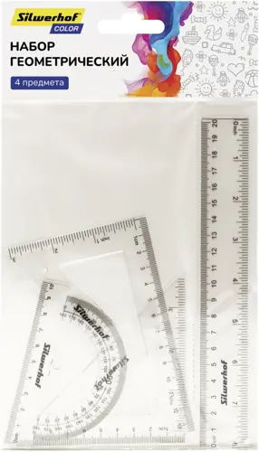 Набор линеек Silwerhof Color пластик прозрачный компл.:лин.20см/угольн.30х14см/угольн.45х10см/трансп.180 (упаковка 24 шт.) Набор линеек Silwerhof Color пластик прозрачный компл.:лин.20см/угольн.30х14см/угольн.45х10см/трансп.180 (упаковка 24 шт.)