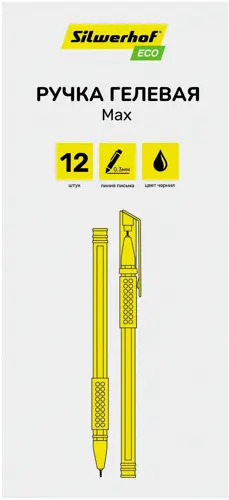 Ручка гелев. Silwerhof Eco Max d=0.5мм черн. черн. кор.карт. сменный стержень линия 0.3мм резин. манжета (упаковка 12 шт.) Ручка гелев. Silwerhof Eco Max d=0.5мм черн. черн. кор.карт. сменный стержень линия 0.3мм резин. манжета (упаковка 12 шт.)